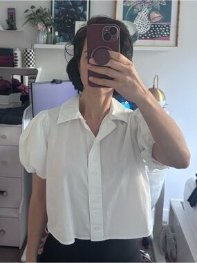 J. Crew White Puff-Sleeve Button-Down cropped top